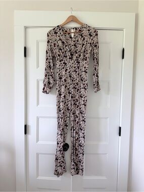 Free People Floral Long Sleeve Jumpsuit in Cream and Burgundy Retro Vintage 0